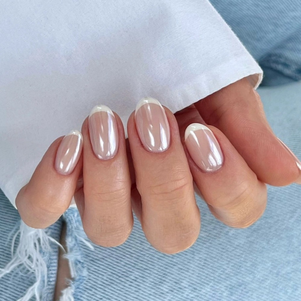 Nail Art Chrome - Beyaz Fransız Uçlu Takma Tırnaklar Nude
