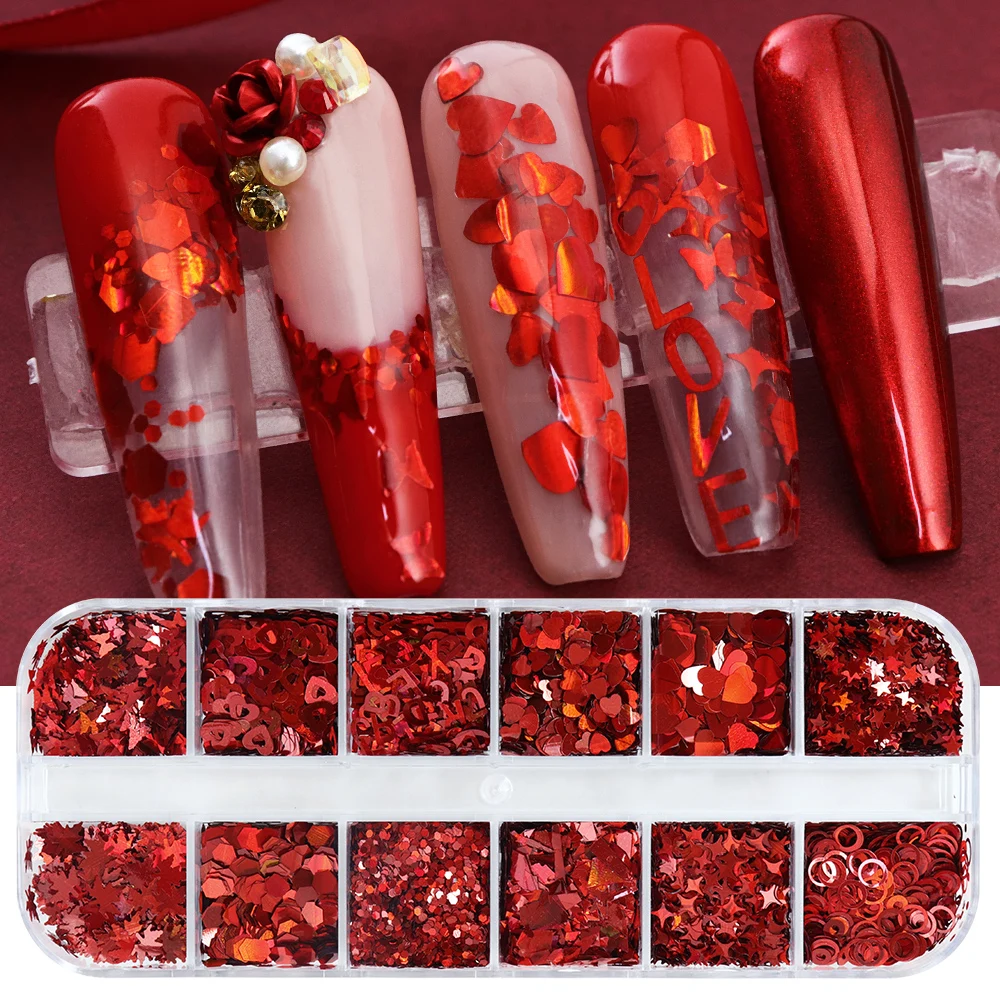 Nail Art Valentine - Holografik kırmızı Nail Art Glitter Flakes
