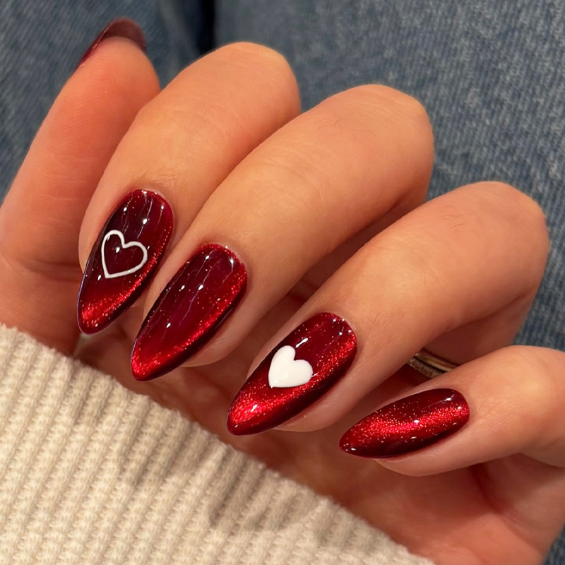 Nail Art Cat Eye Simple - 24 Adet Basit Kırmızı Kedi Gözü